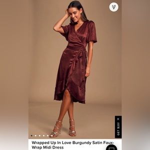 Lulu’s Wrapped Up In Love Burgundy Satin Faux-Wrap Midi Dress